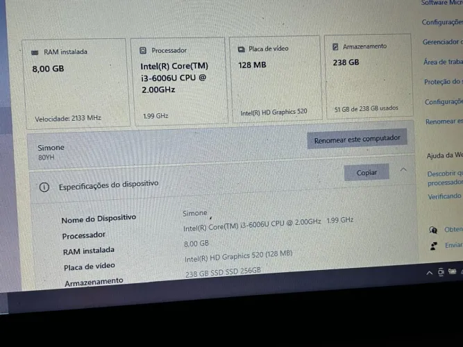 Notebook I3 Lenovo 8gb HD SSD 240gb