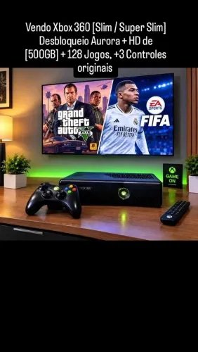 Xbox 360 slim desbloqueio aurora 500GB acompanha 3 controles originais, + 128 jogos