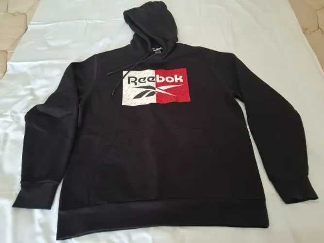 Blusa moletom fechada Reebok big logo canguru preta c/ capuz tam. L (G)
