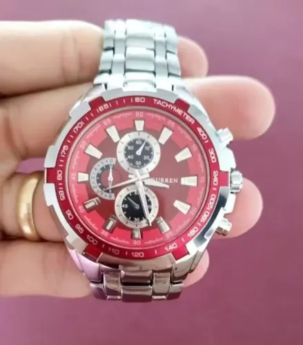 Relógio curren vermelho prateado aço inoxidável original á prova d'água.?