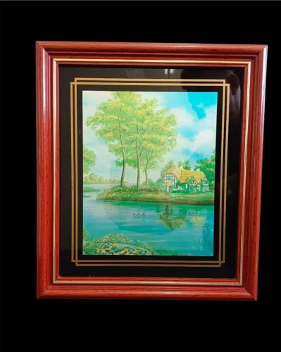 Quadro vintage com belíssima paisagem bucólica de chalé europeu à beira lago, Anos 80