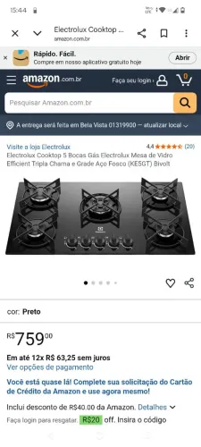 Coocktop Electroluxsupernovo 5 bocas com trixama.tenho o gás 13 k..cheio,zero 480, os dois