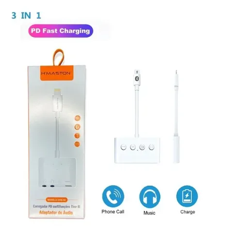 Adaptador Lightning 3 em 1 Fone e Carregador Turbo