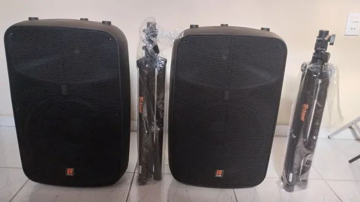 02 Caixas De Som Staner Sr315m Bluetooth Usb + 02 Tripés