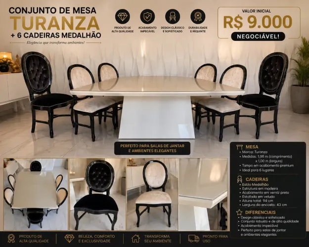 Mesa de Jantar Turanza + 6 Cadeiras Medalhão - Alto Padrão