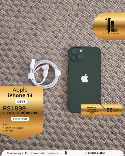 IPHONE 13, 5G, 128GB, VERDE, SEMINOVO, EXCLUSIVO!