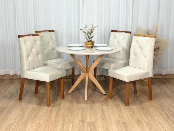 Mesa de Jantar Tampo Redondo 108x108cm com 4 Lugares Veludo Bege