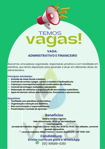 VAGA: ADMNISTRATIVO E FINANCEIRO