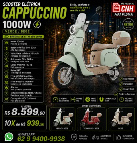 Scooter Elétrica New E-Bike Cappuccino 1000W Lítio 60V 20Ah NFC Verde/Bege