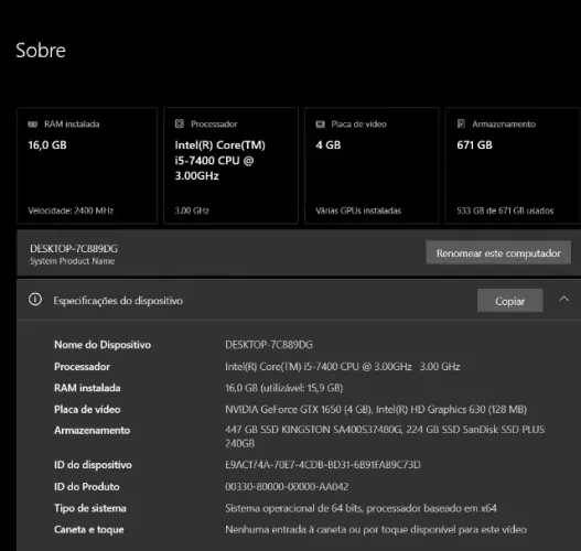 Computador para jogos e trabalho 7 geração