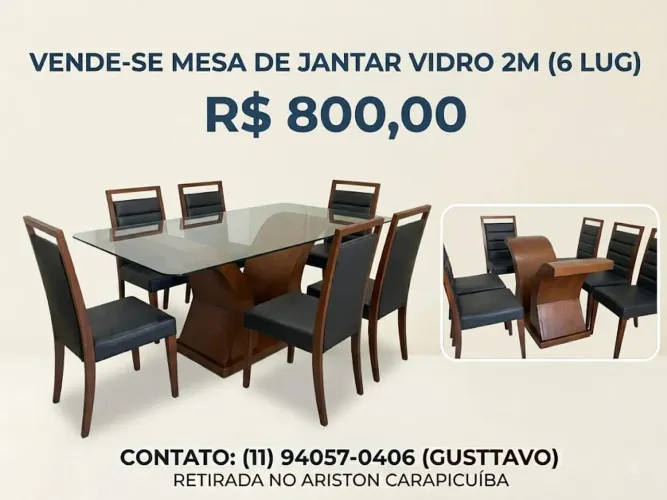 Mesa de Jantar com Tampo de Vidro e 6 Cadeiras
