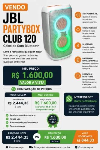Caixa De Som Bluetooth Jbl Partybox Club 120 160w Rms Bivolt