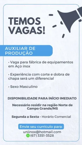 VAGA PARA AUXILIAR DE PRODUÇÃO 