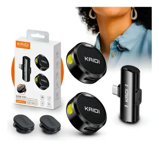 Microfone Lapela Redondo Imã Sem Fio Preto Duplo Anti Ruído Tipo-C