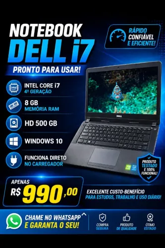 Notebook Dell i7 da 4 geração,8gb, hd 500gb, Windows 10 , funciona direto no carregador.
