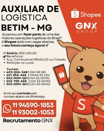 Auxiliar de Logística - Shopee Betim - Não exige experiência, vários horários e escalas