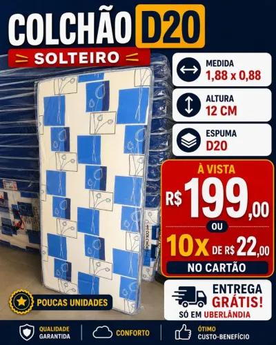 Colchão Solteiro D20 12cm 1,88 x 0,88 Novo - Entrega Grátis<br>