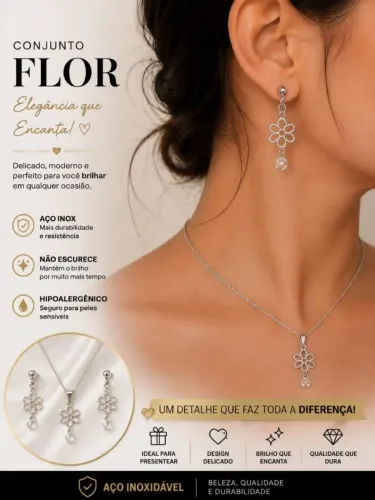 Conjunto flores colar e brinco aço inoxidável