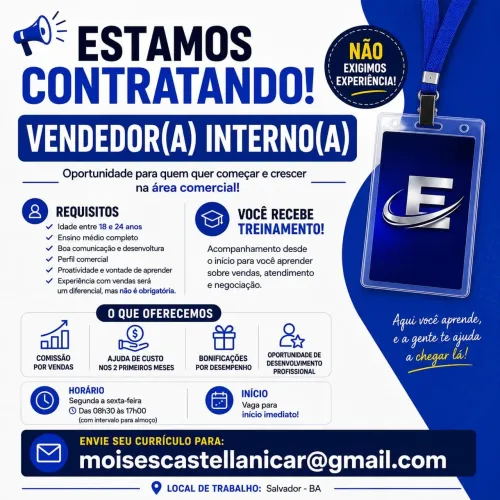 Vaga para vendedor interno