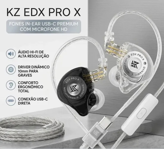 Fone de Ouvido KZ EDX Pro X Type-C Original com Microfone PC Gamer Músicos