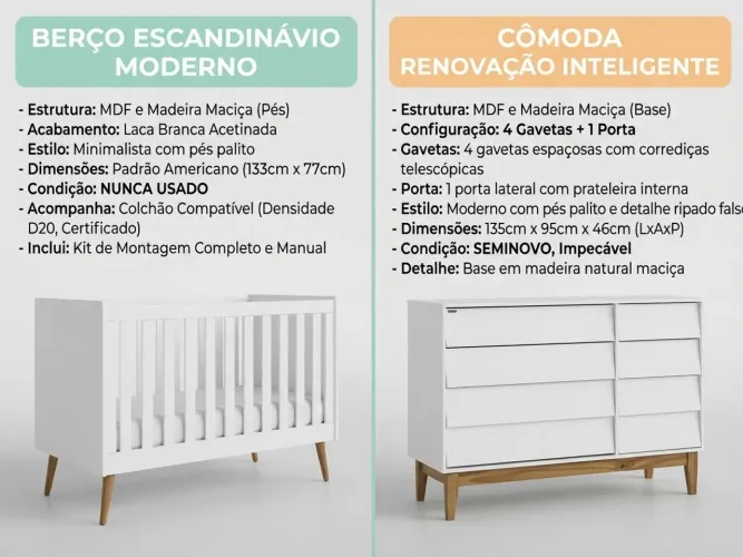 Berço Novo + Colchão e Cômoda Escandinava