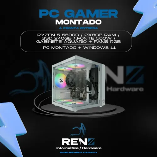 PC Gamer Computador Ryzen 5 5600g, 240gb SSD, 16gb RAM Gabinete aquário 5 Fans RGB Branco