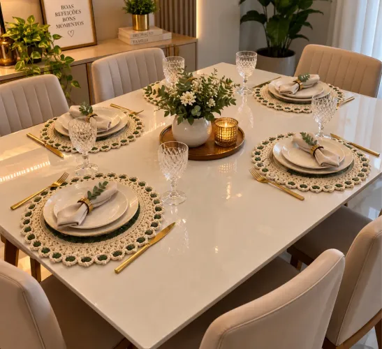 Conjunto com 6 Suplás de Crochê para Mesa - Bege e Verde