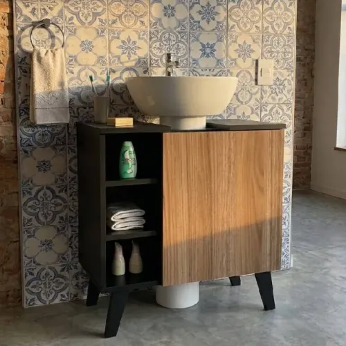 Balcão Gabinete Para Banheiro, 1 Porta 3 Nichos, 60 cm, Preto /Castanho