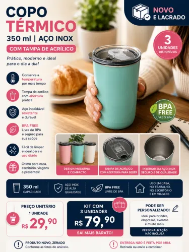 Copo Térmico 350 ml em Aço Inox com Tampa de Acrílico | BPA Free | Novo