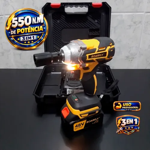 KIT COMPLETO - CHAVE DE IMPACTO SEM ESCOVA SOARFLY 550Nm 1/2 POL 3 EM 1 COM 2 BATERIAS 48V