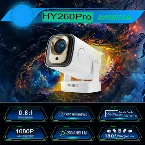 Projetor portátil Hy260 Pro c/ajuste automático de foco e zoom elétrico no controle 