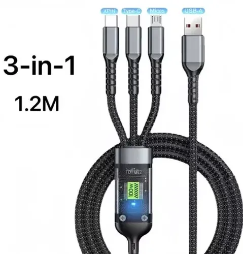 Cabo de Carregamento 3 em 1, Potência 100W 6A,  para Micro e Tipo-C z1510