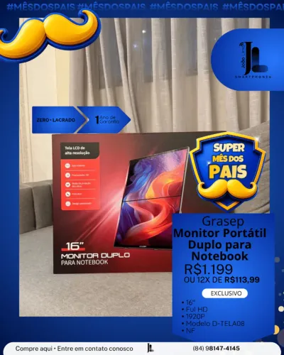 MONITOR GRASEP PORTÁTIL DUPLO PARA NOTEBOOK, 16 POL., LACRADO, EXCLUSIVO!