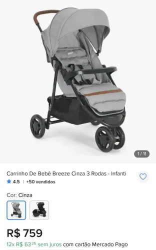 Carrinho de bebe usado por 1 ano - Breezer Cinza Claro