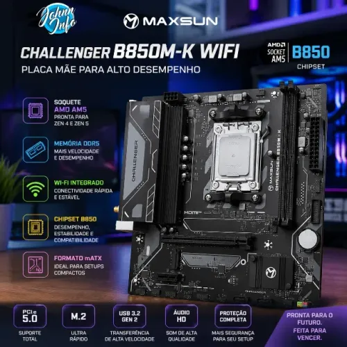 Placa Mãe Maxsun Challenger B850M-K WIFI, DDR5, Chipset B850, AMD AM5, mATX
