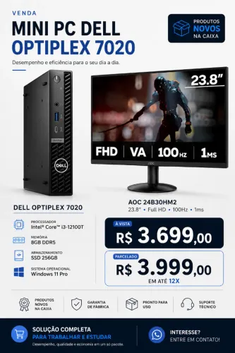 Mini PC Dell Optiplex 7020 Core i3, 8GB DDR5, SSD 256GB + Monitor 24" (Novos na caixa)