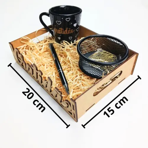 Kit Presente Barato Home Office Caneca Café Gratidão Organizador de Mesa MDF