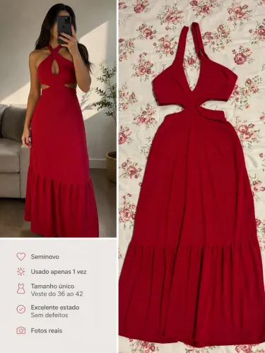 Vestido vermelho longo com recortes e decote tamanho único