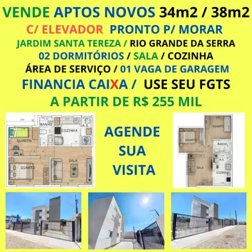 Pronto p/ Morar Aptos Novos 34m2 e 38m2 c/ Elevador 1 vaga Santa Tereza Rio Gde da Serra