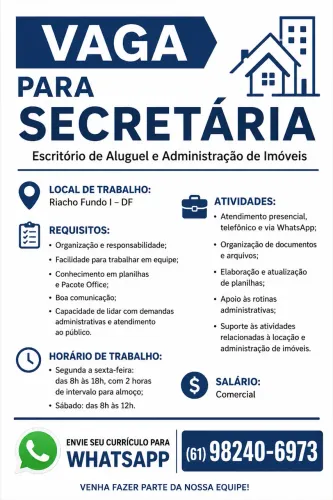 Vaga para secretária / auxiliar administrativo