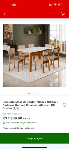 Mesa de jantar 78cm x 160cm com 6 cadeiras