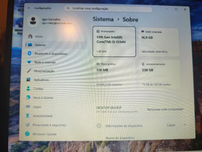 Notebook HP I5 13 GERAÇÃO 16gb de ram