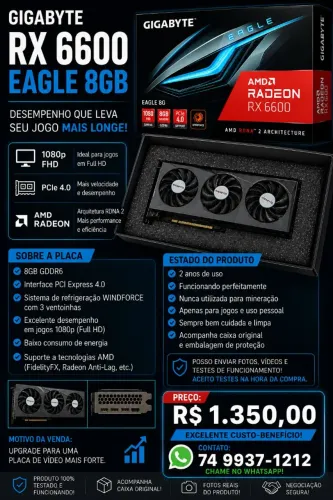 Gigabyte RX 6600 Eagle 8GB GDDR6 - Excelente Estado | Caixa Original
