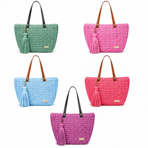 Bolsa de Crochê Artesanal com Alça de Couro e tassel