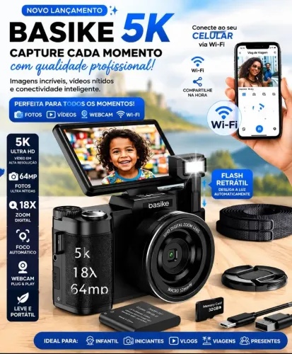 Câmera Digital 5K 64MP com Wi-Fi | Zoom 18X | Tela Retrátil | Flash | Cartão 32GB