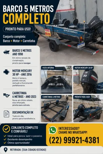 BARCO 5 METROS COMPLETO - MOTOR MERCURY 30 HP + CARRETINHA