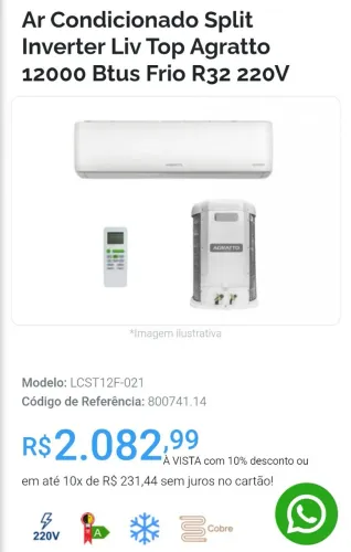 Ar Condicionado Split Inverter Liv Top Agratto 12000 Btus Frio R32 220V