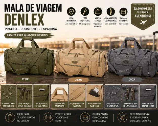 Mala de Viagem Denlex Creme Lona Reforçada com Zíper SA0137