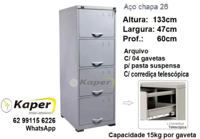 Arquivo de aço P60 c/ 04 gavetas p / pasta suspensa, armario ( novo )