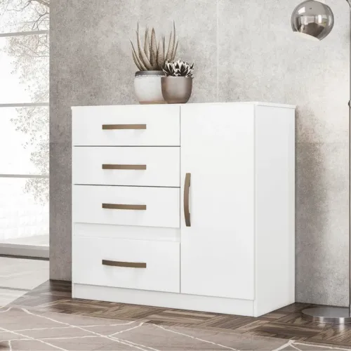 Cômoda para Quarto Com 4 Gavetas 1 Porta Moval Vênus Flex Branco/Rosa/Lilás